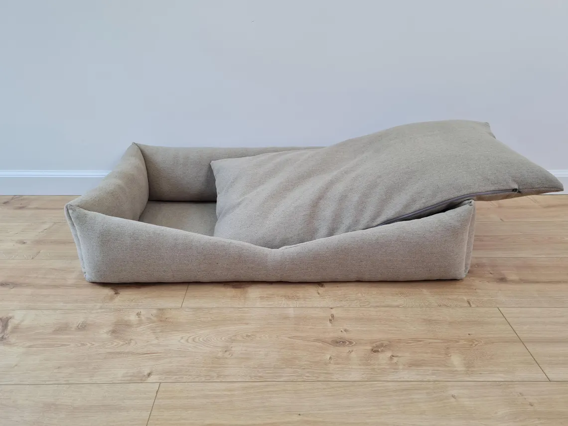 Pet Bed in Natural Non-dyed Dark Grey Linen Fabric Filled Mat Carpet House for Cats Organic