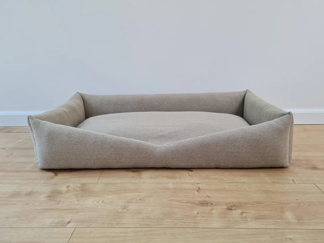 Pet Bed in Natural Non-dyed Dark Grey Linen Fabric Filled Mat Carpet House for Cats Organic