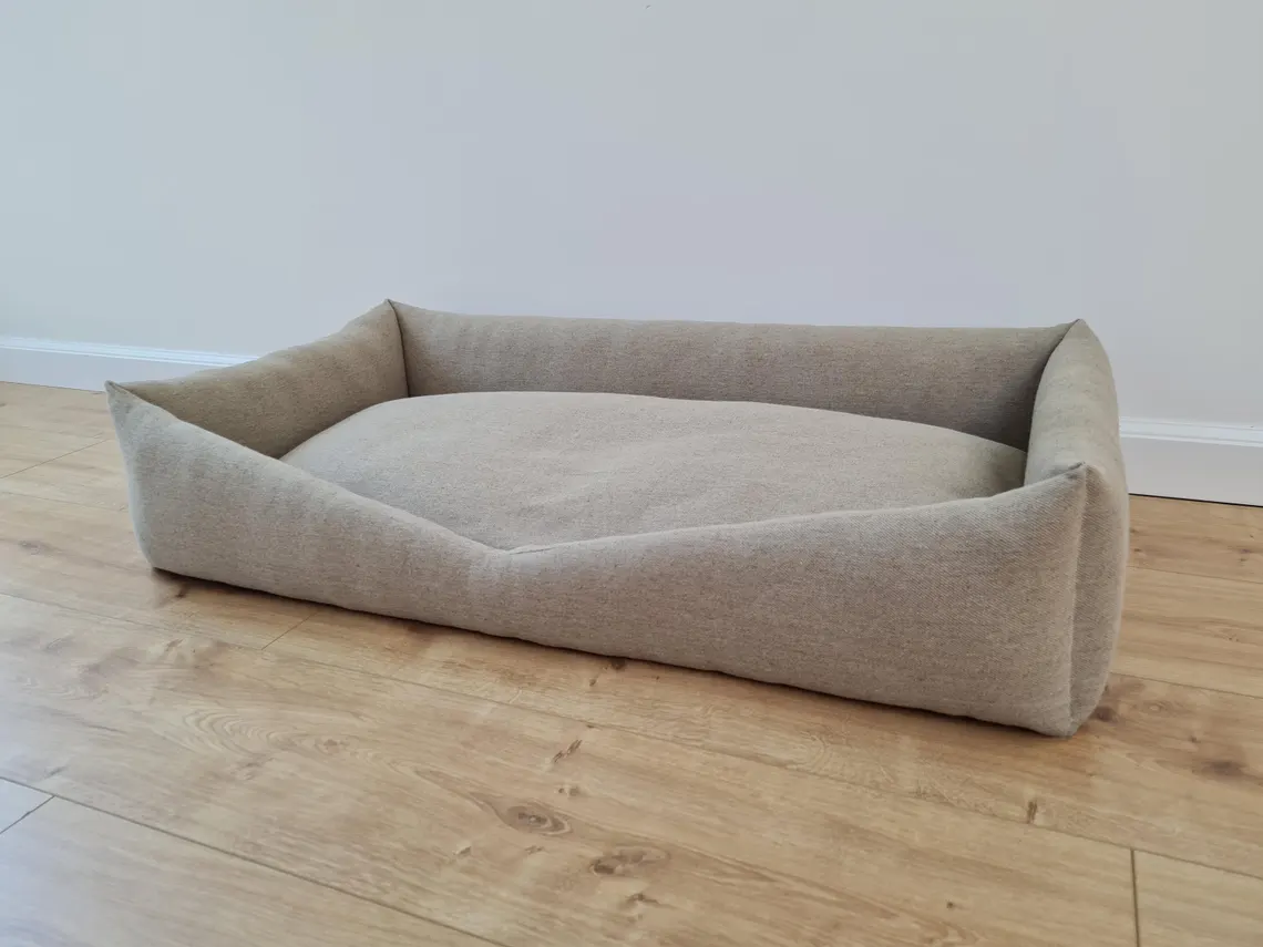 Pet Bed in Natural Non-dyed Dark Grey Linen Fabric Filled Mat Carpet House for Cats Organic