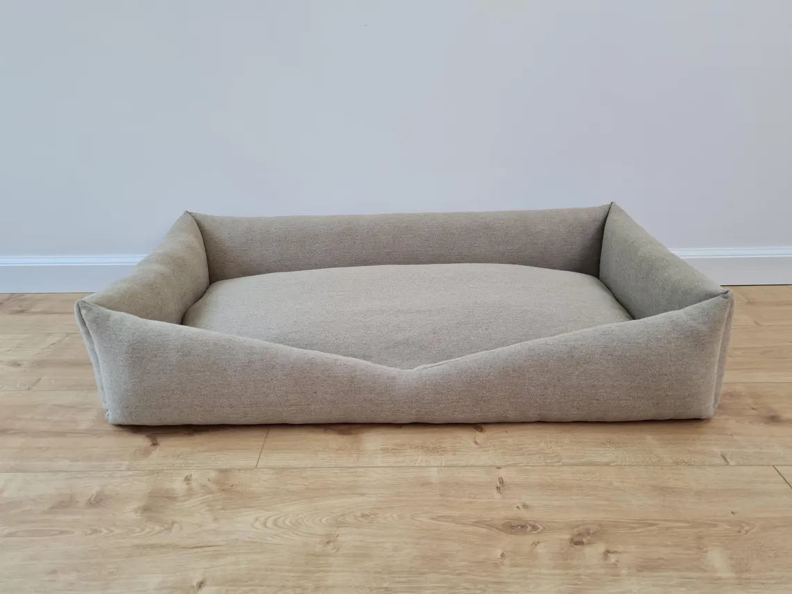 Pet Bed in Natural Non-dyed Dark Grey Linen Fabric Filled Mat Carpet House for Cats Organic