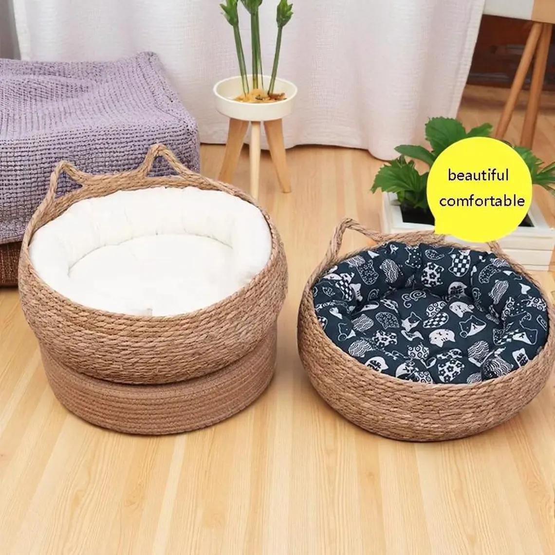 Natural Woven Cotton Cat Bed with Washable Pad – Washable Seasonal Pad, All-Season Pet Accessory
