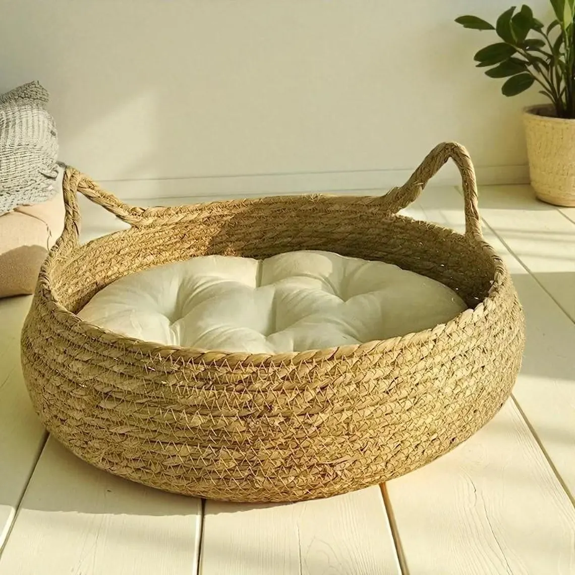Natural Woven Cotton Cat Bed with Washable Pad – Washable Seasonal Pad, All-Season Pet Accessory